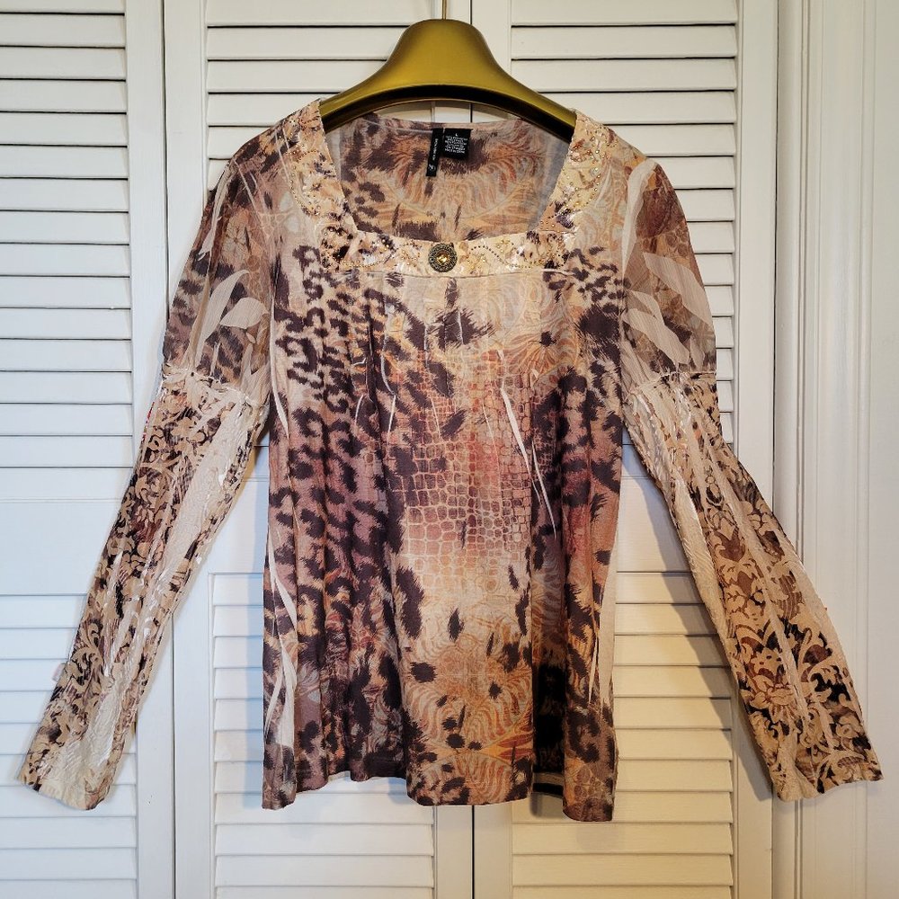 New Directions Multi browns pullover top, size Large